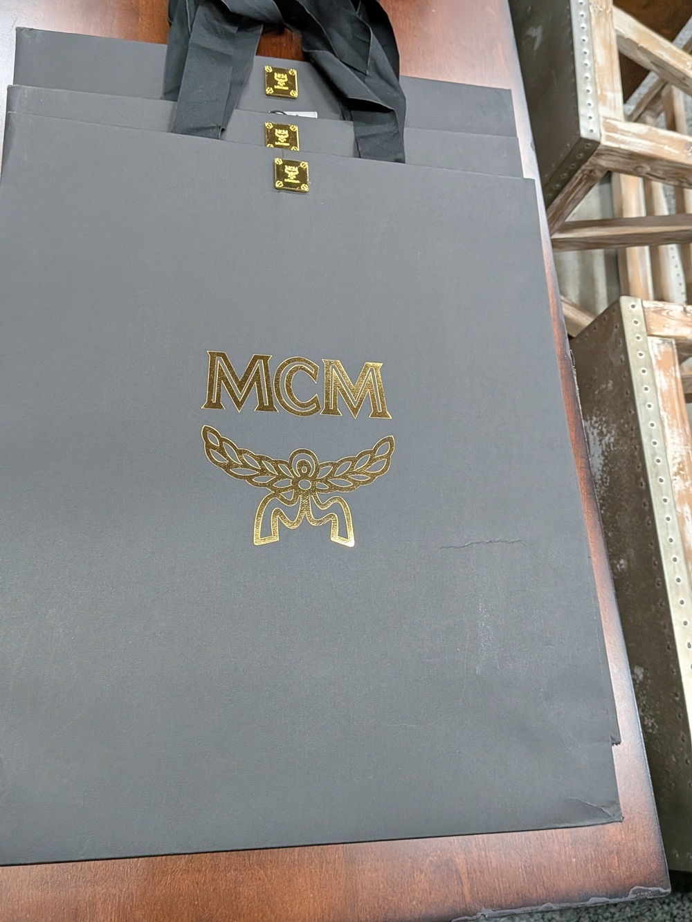 3 MCM Black & Gold Logo Shopping Tote Bags.